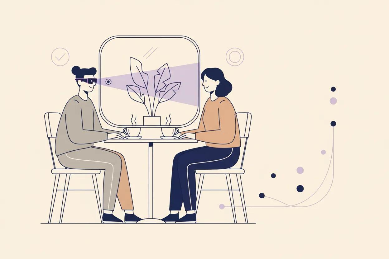 Illustration of two people at a café table; one wears smart glasses with a camera beam pointed at the other, a consent checkmark hovering only over the wearer while an empty circle hovers over the other person