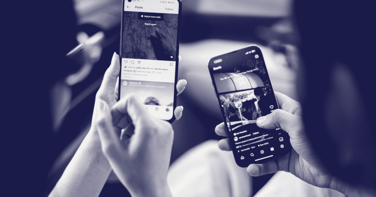 Two people holding smartphones, one open to an Instagram Reels feed tagged New Delhi
