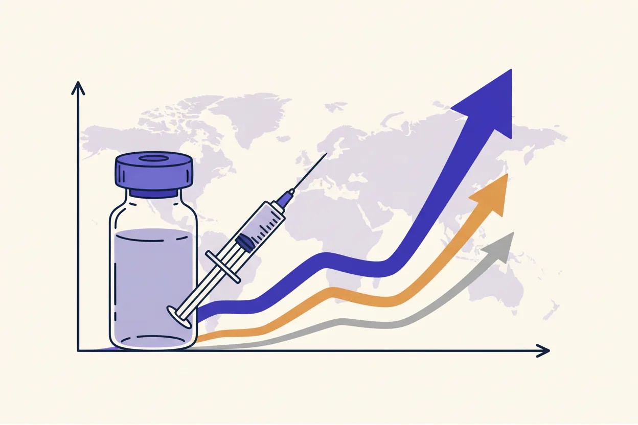 Illustration of a vaccine vial and syringe beside rising line-chart trends over a faint world map, evoking a race between vaccine supply and an outbreak curve