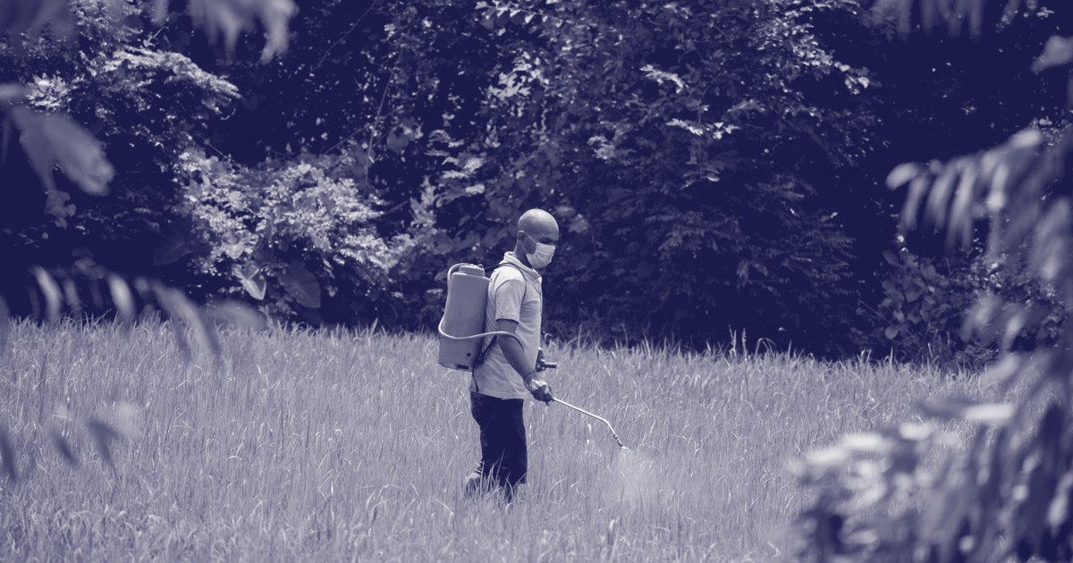 A farmer wearing a mask and backpack sprayer applies pesticide to a green field, visible spray mist trailing from the nozzle