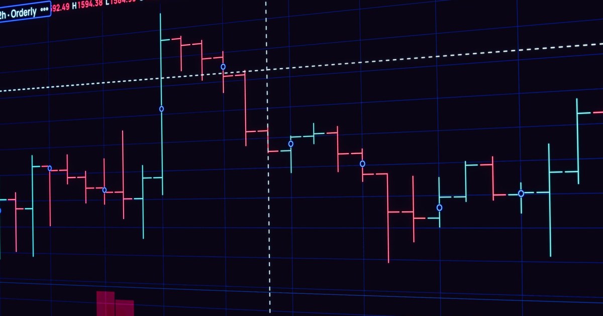 A close-up of a dark trading screen showing red and green price bars on a candlestick-style chart