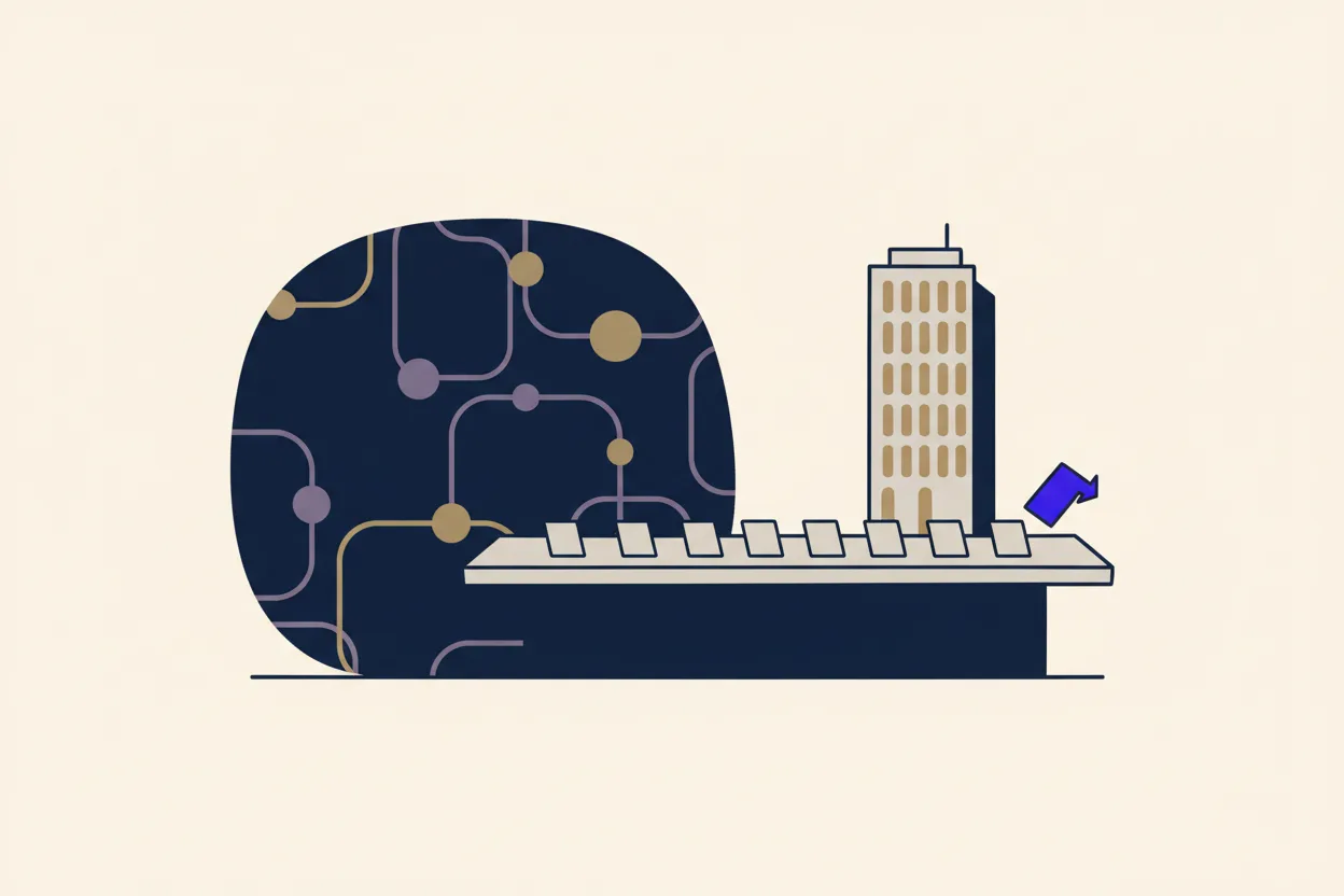 An abstract illustration of a large network-patterned shape representing a majority ownership stake beside a boardroom table where a single highlighted voting card turns away from the rest, next to a minimal office tower